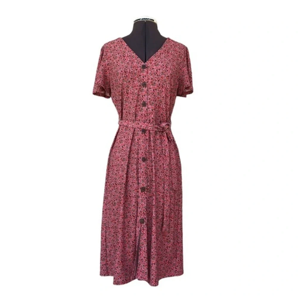 Monteau Los Angeles Stretchy Faux Buttoned Belted‎ Floral Maeve Midi Dress M